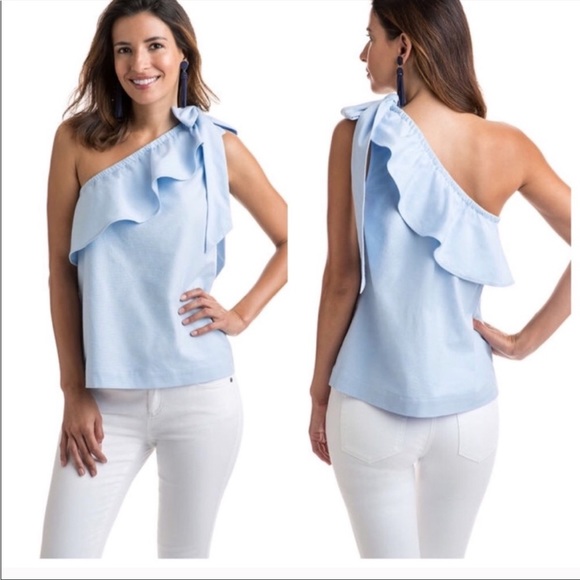 Vineyard Vines Blue One Shoulder Bow Top 14 - Picture 2 of 8